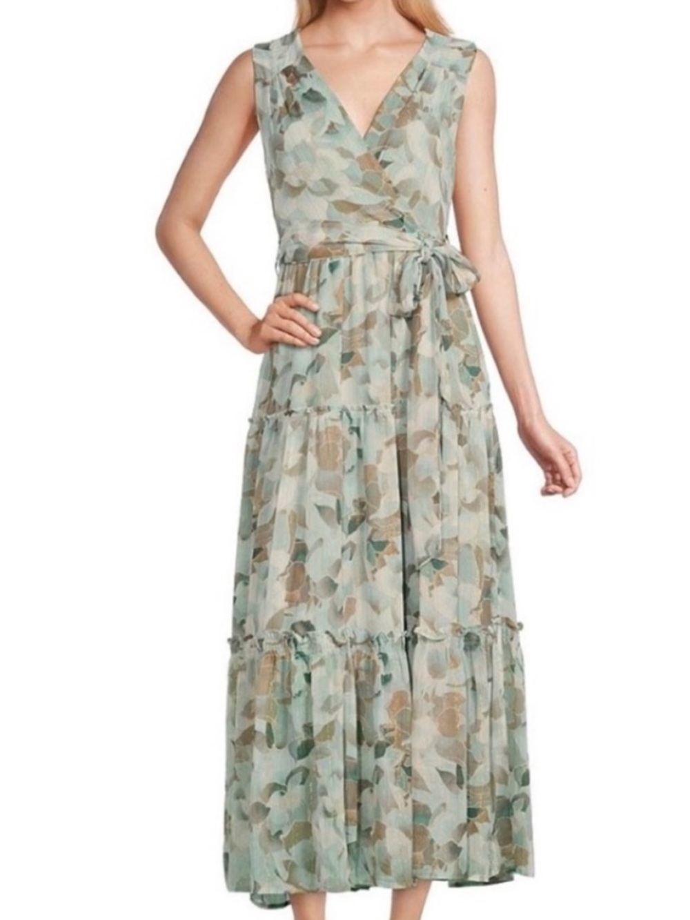 Calvin Klein Green Floral Chiffon with Metallic , Dressy Flounce Maxi Dress